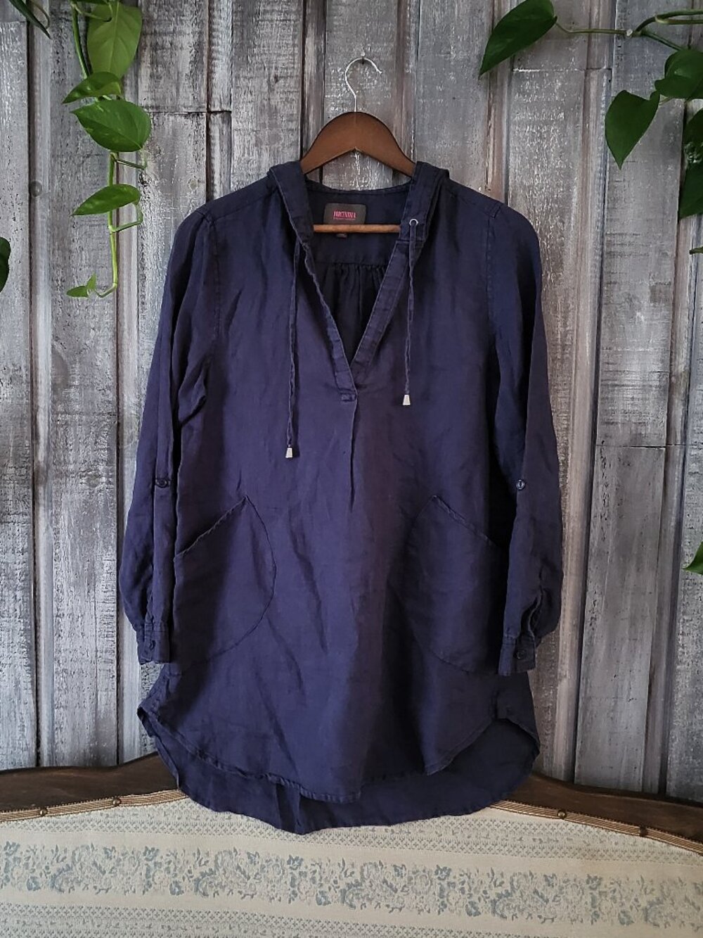 Linen Hoodie Tunic Blue M ForCynthia